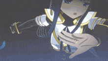 a girl with long blue hair is wearing a white and black outfit