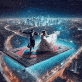 a man and a woman are dancing on a flying carpet over a city .