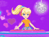 a cartoon girl is playing a dj set with a disco ball and the letter p behind her