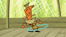 a cartoon character is playing with a hula hoop on a wooden floor