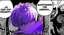 a purple haired anime character is holding a sword and says maintaining the agenda