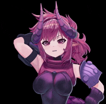 a purple anime girl with horns and a purple armor