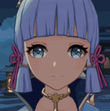 a close up of a girl 's face with purple hair and blue eyes