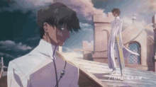 a man in a white coat is standing on a roof next to another man in a white coat