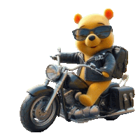 winnie the pooh is riding a motorcycle wearing sunglasses