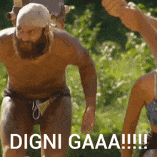 a man with a beard and a bandana on his head is running with the words digni gaaa !!! below him