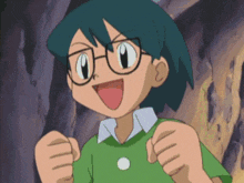 a cartoon character with glasses and a green shirt is making a funny face