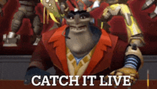 a cartoon character is sitting at a table with the words " catch it live " written on it