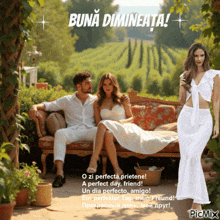 a picture of a man and woman sitting on a couch with the words buna dimineata written above them
