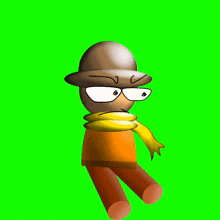 a cartoon character wearing a hat and scarf on a green background