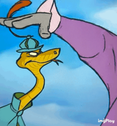 a cartoon of a snake wearing a hat and holding a feather .