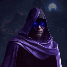 a man in a purple cape with the word soon written on it