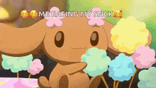 a cartoon bunny is eating cotton candy with flowers on its head .