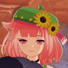 a girl with pink hair is wearing a green hat with a sunflower on it