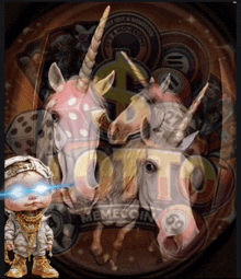 a memecoin logo with unicorns and a baby in the foreground