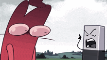 a cartoon drawing of a cat and a block with a face that says ' angry ' on it