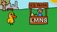 a cartoon duck is standing in front of a ice fresh stand