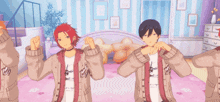 a group of anime characters are dancing in a room with striped walls