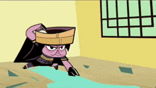 a cartoon of a monkey standing next to a bowl