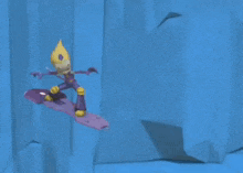 a pink and yellow cartoon character is sitting on a blue surface