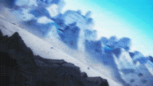 a painting of a snowy mountain with a blue sky behind it
