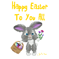 a happy easter to you all greeting card with a bunny holding a basket of easter eggs