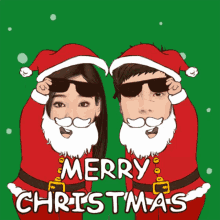 a cartoon of a man and a woman dressed as santa claus with the words merry christmas below them