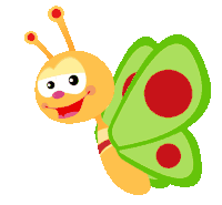 a cartoon butterfly with green wings and red dots on them