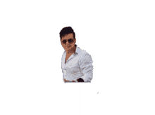 a man in a white shirt and sunglasses is giving a thumbs up .