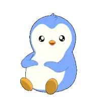 a blue and white penguin is sitting on the ground with smoke coming out of its tail