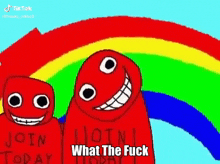 two red cartoon characters standing next to each other with a rainbow in the background