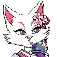 a cartoon drawing of a white cat with flowers on its head drinking from a cup