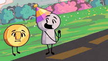 a cartoon character wearing a party hat is standing next to a gold coin