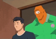 a cartoon character with one eye is standing next to a man in a black shirt