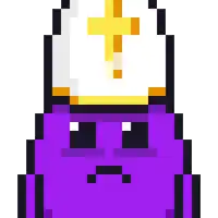 a pixel art illustration of a purple monster with a gold cross on top of it .