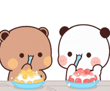 two bears are sitting at a table eating ice cream with spoons