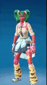 a girl with green hair and red skin is wearing a school uniform and tie