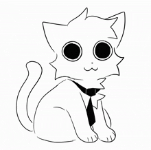 a black and white drawing of a cat with big eyes and a tie