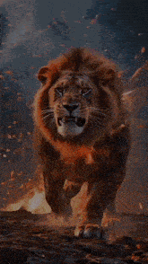 a lion is walking through a fire and lightning storm with its mouth open .