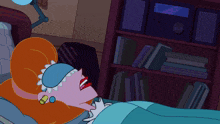 a cartoon of a woman sleeping in a bed with a bookshelf in the background
