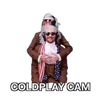 a sticker of a man in a suit with the words coldplay cam on it