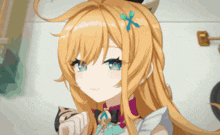 a close up of a anime girl with long blonde hair and blue eyes