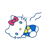a drawing of hello kitty wearing a blue and yellow outfit