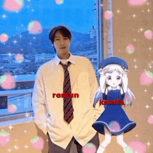 a man in a white shirt and tie is standing next to a girl in a blue dress with kamila written on it