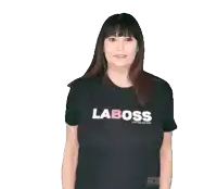 a woman is wearing a black shirt that says laboss on it