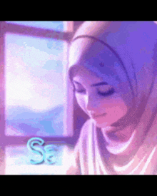 a woman wearing a hijab is sitting in front of a window and the word se is on the bottom