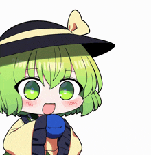 a cartoon girl with green hair and a black hat