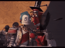 two robots are standing next to each other and one has a hat on