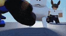 a group of cartoon characters are standing next to each other and one of them has a bunny ear .
