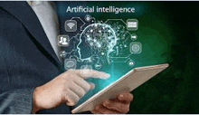 a man in a suit is holding a tablet with a picture of a brain on the screen .